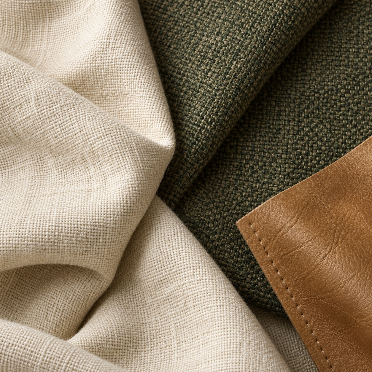 Illustrative close-up of cream and olive woven fabrics beside a tan leather swatch